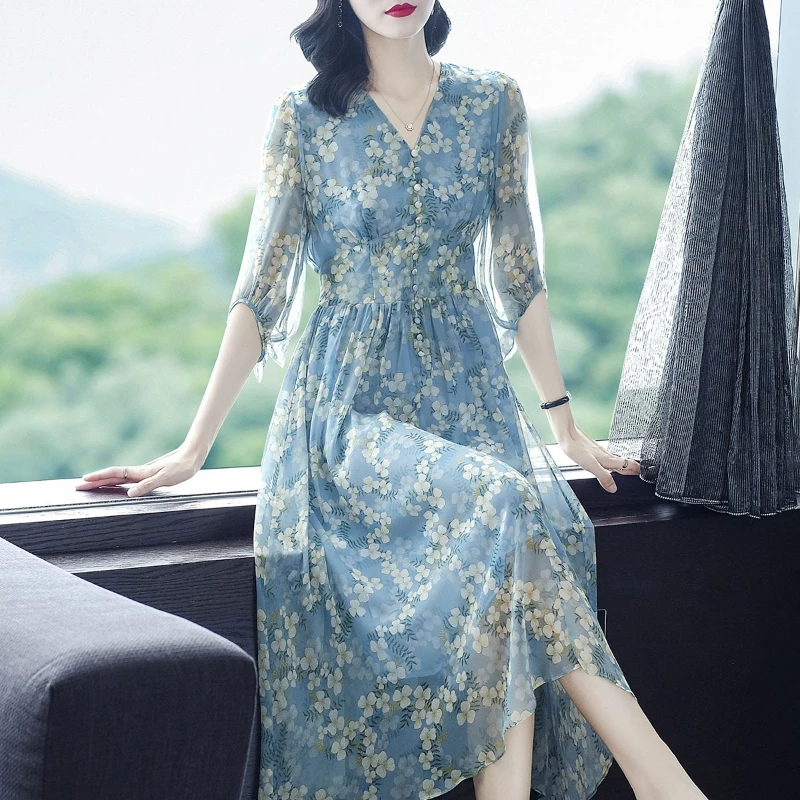 Silk Floral Dress Mulberry Silk Dress Women Clothing Summer Dress Women Blue Print Dress Casual Elegant Long Dresses Vestidos Zm