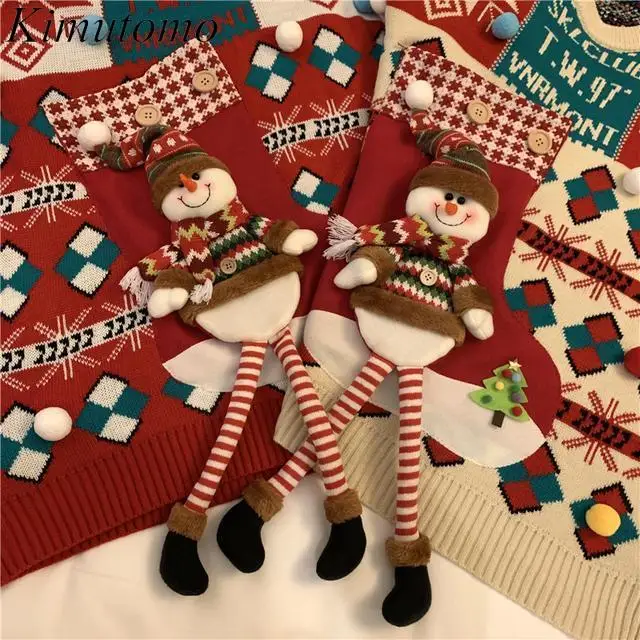 Kimutomo Рождественская атмосфера красный свитер большого размера трехмерные