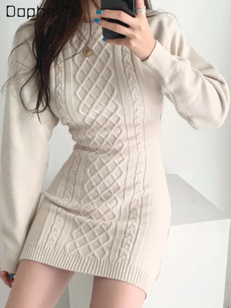 Temperament Crew Neck Diamond Pattern Backless Knit Dress Korean Autumn and Winter Women's Slim-Fit Figure Flattering Hip Dress