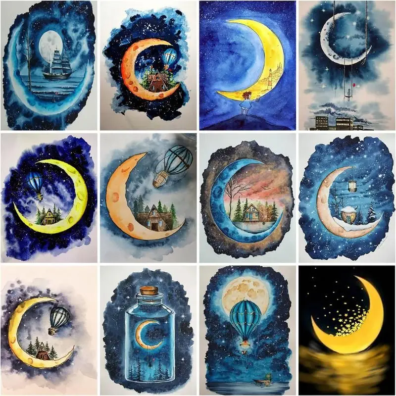

CHENISTORY Painting By Number Moon Diy Pictures By Numbers House Scenery Kits Handpainted Art Drawing On Canvas Gift Home Decor