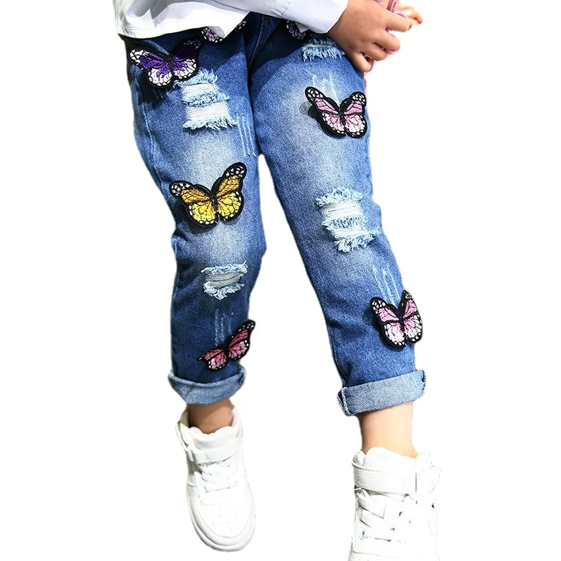

Children's clothing girls jeans 2022 spring and autumn butterfly hole baby denim trousers 1-5 years old children's pants