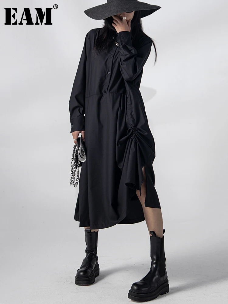 

[EAM] Women Black Brief Pleated Long Big Size Shirt Dress New Lapel Long Sleeve Loose Fit Fashion Spring Autumn 2022 1DE7420