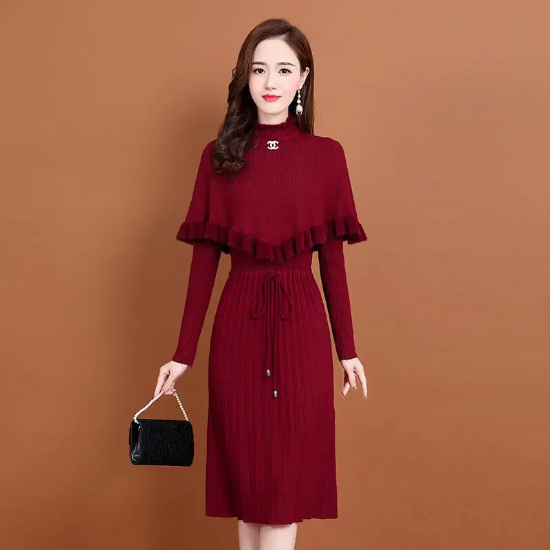 Knitted Dress 2 Peice Set Women Solid Color Half High Collar Ruffles Cloak+V-Neck Sweater Dress Outfits Fall Winter Korean Suit
