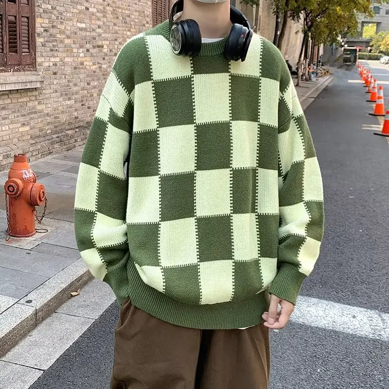 

Осень 2022, модный винтажный мужской свитер с принтом шахматной доски, Гонконгский модный Свободный удобный вязаный свитер