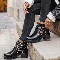 2022 autumn new woman boots rivet ankle boots round toe mid heel short boots fashion buckle outdoor womens shoes size 35 43