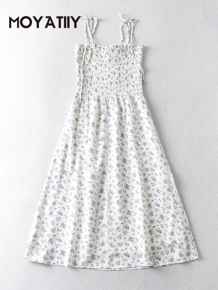 

MOYATIIY Fashion Women Summer Dress Flowers Print Pleated Chiffon Midi Dresses Strap Bow Sleeveless Ladies Vestidos