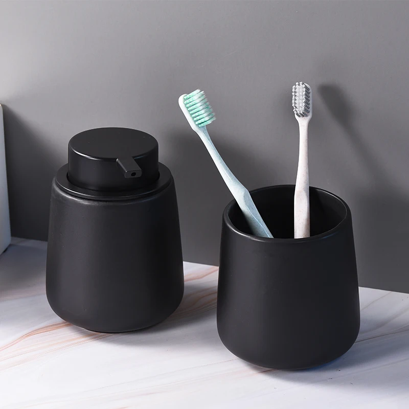 bathroom accessories set black soap dispenser ceramic toothbrush cup hand sanitizer shampoo bottle black shower liquid bottle free global shipping