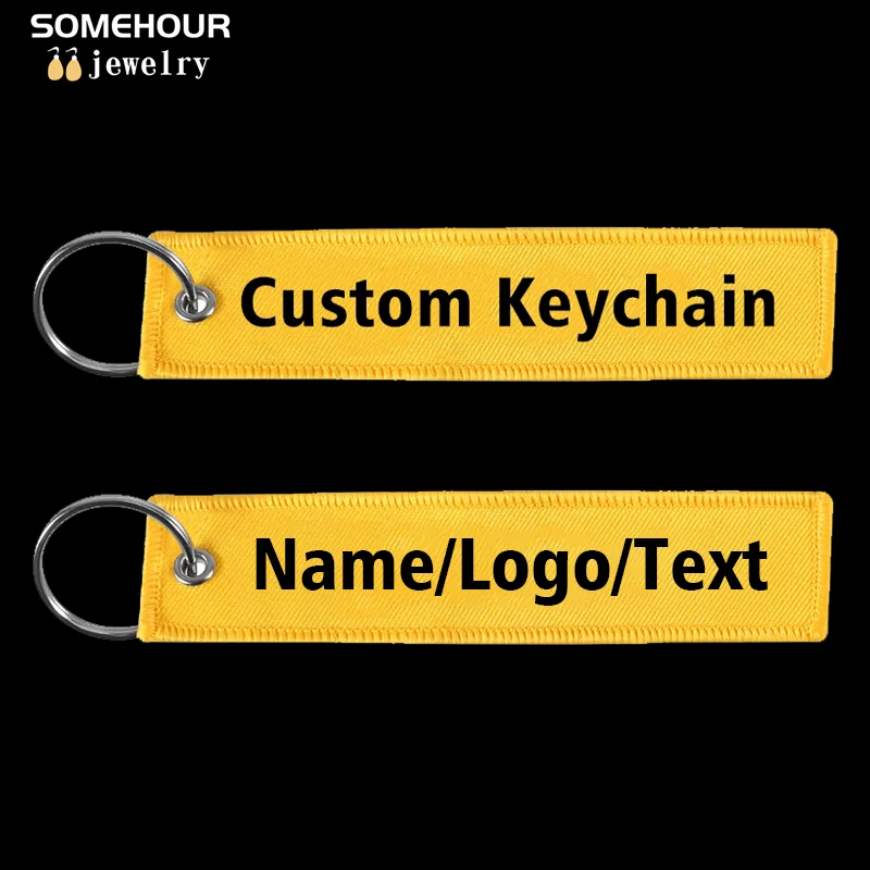 SOMEHOUR Custom Fashion Keychain Jewelry Embroidery Woven Key Ring Text Logo Luggage Tag Label For Bags Motocycle Aviation Gifts