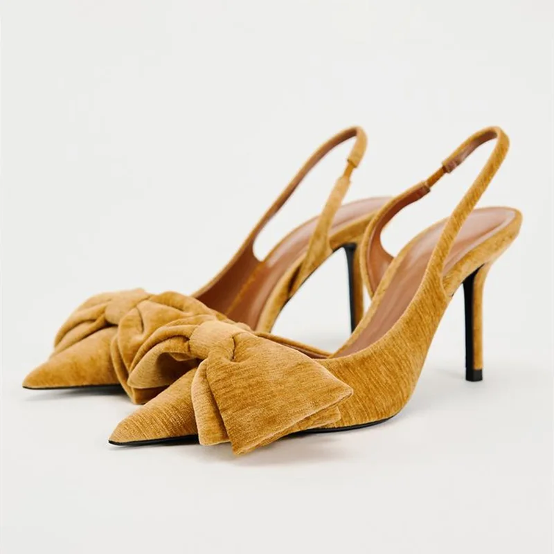 Женские бархатные туфли-лодочки на шпильке с бантом тонком высоком каблуке
