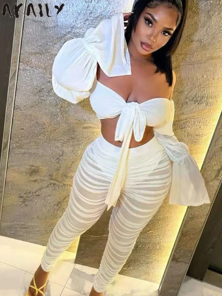 

Akaily Summer White Ruched 2 Two Piece Sets Womens Outfits 2022 Black Flare Sleeve Bandage Crop Top And Mesh Long Pants Sets