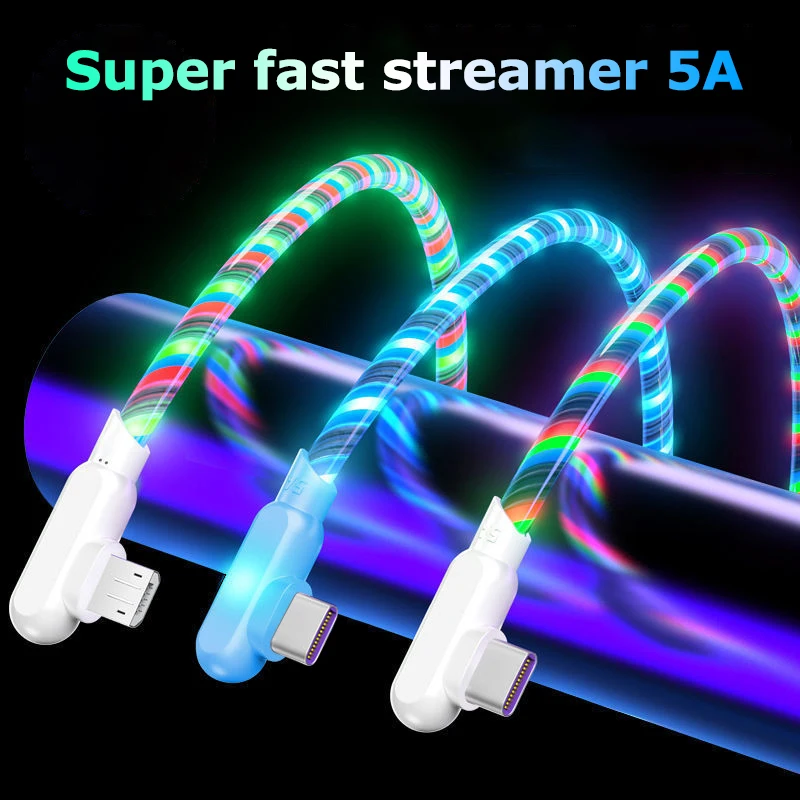 

90 Degree LED Light Glowing Charging Data Line Micro USB Type C Charging Cord For Xiaomi 11 10 Huawei P40 5A Fast Charger Line