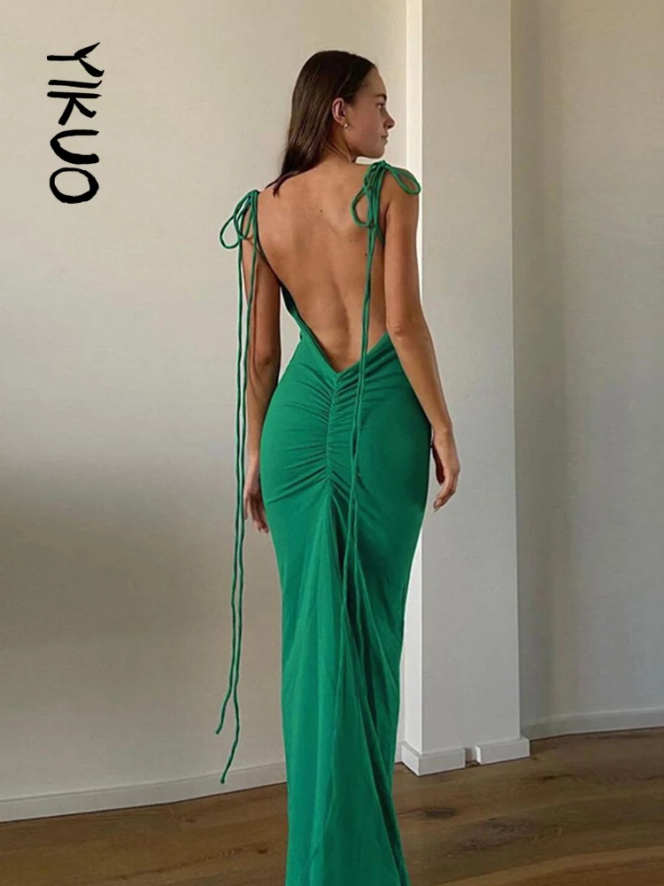 

Платье YIKUO женское с открытой спиной, элегантное пикантное вечернее Клубное Макси-Платье на бретелях-спагетти, одежда на лето