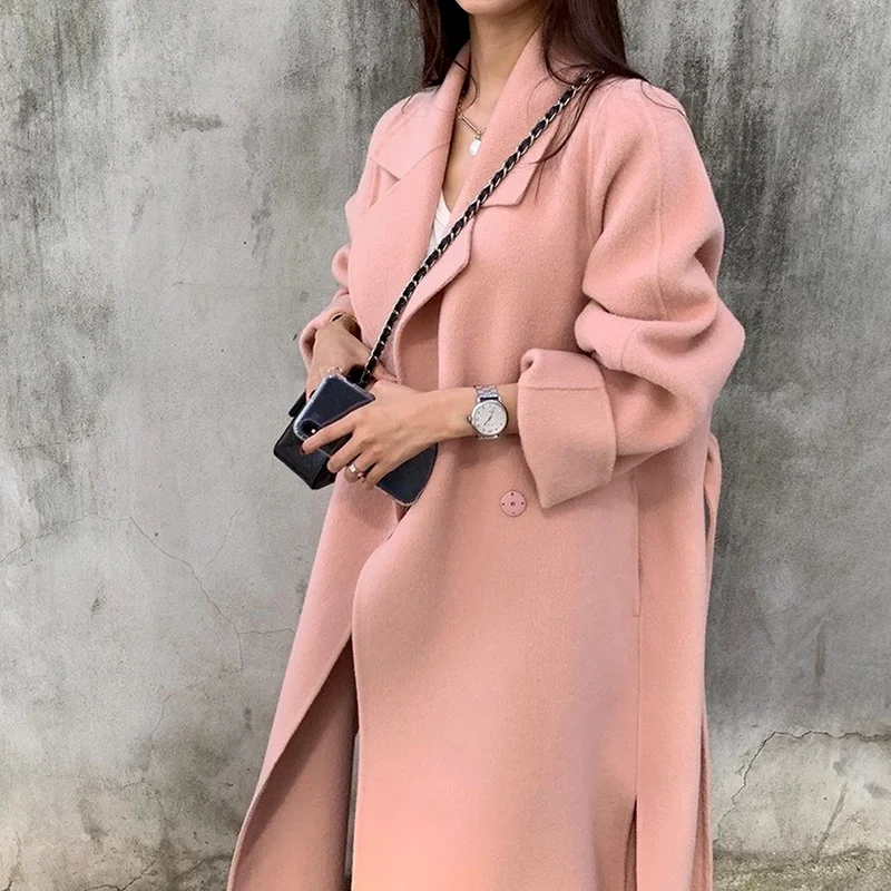 

Autumn and Winter 2023 South Korean Ins Double-sided Cashmere Windbreaker Women's Medium Long Loose Side Slit Wool Tweed Coats