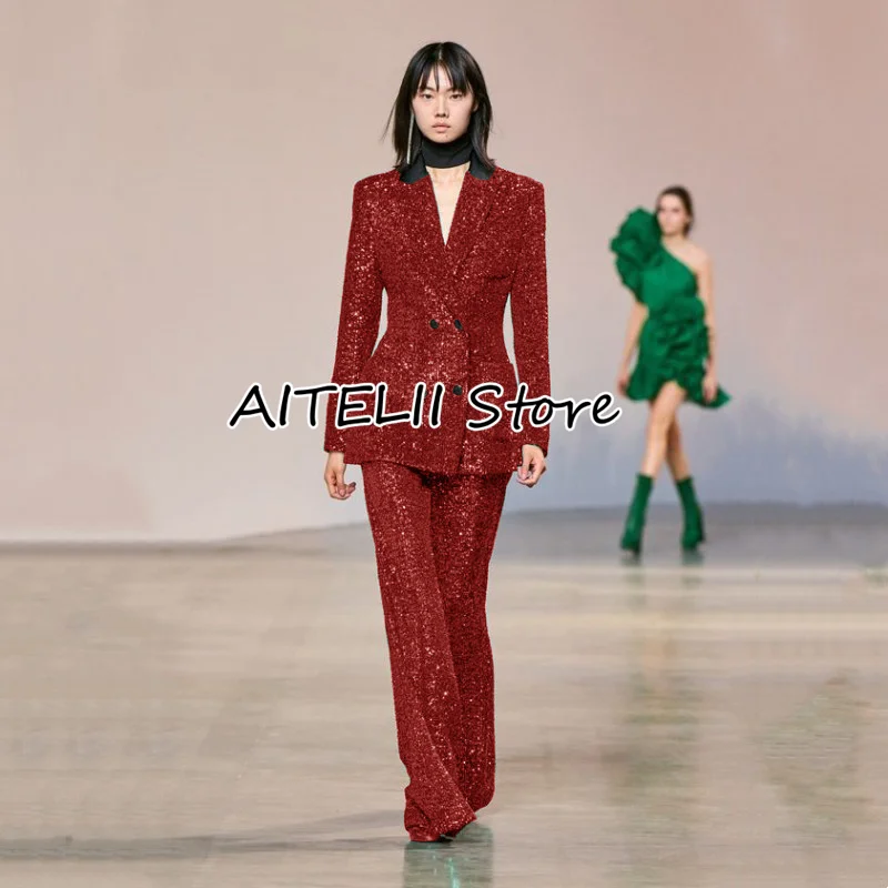Women's Suits 2 Piece Set Sexy Sequins Retro Spike Collar Slim Fit Double Breasted Floor Length Trousers For Casual Party Jacket