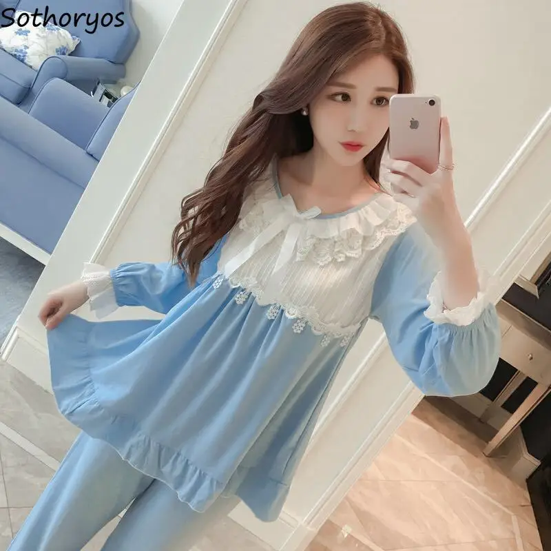 Pajama Sets Women Long Sleeve O-neck Lace Patchwork Loose Sweet Princess Cute Sleepwear Spring Casual Home Lounge Wear Fashion