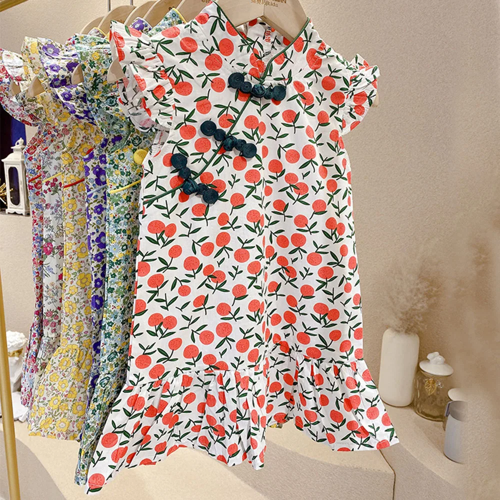 

Платье Чонсам для девочек, Новинка лета 2022, модная повседневная юбка с коротким рукавом и китайским традиционным цветочным принтом, праздни...