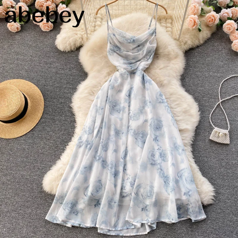 

Women Floral Spaghetti Strap Dress Elastic Ruched Sexy Hollow Backless Party Dress Summer Boho Vacation Beach Sundress
