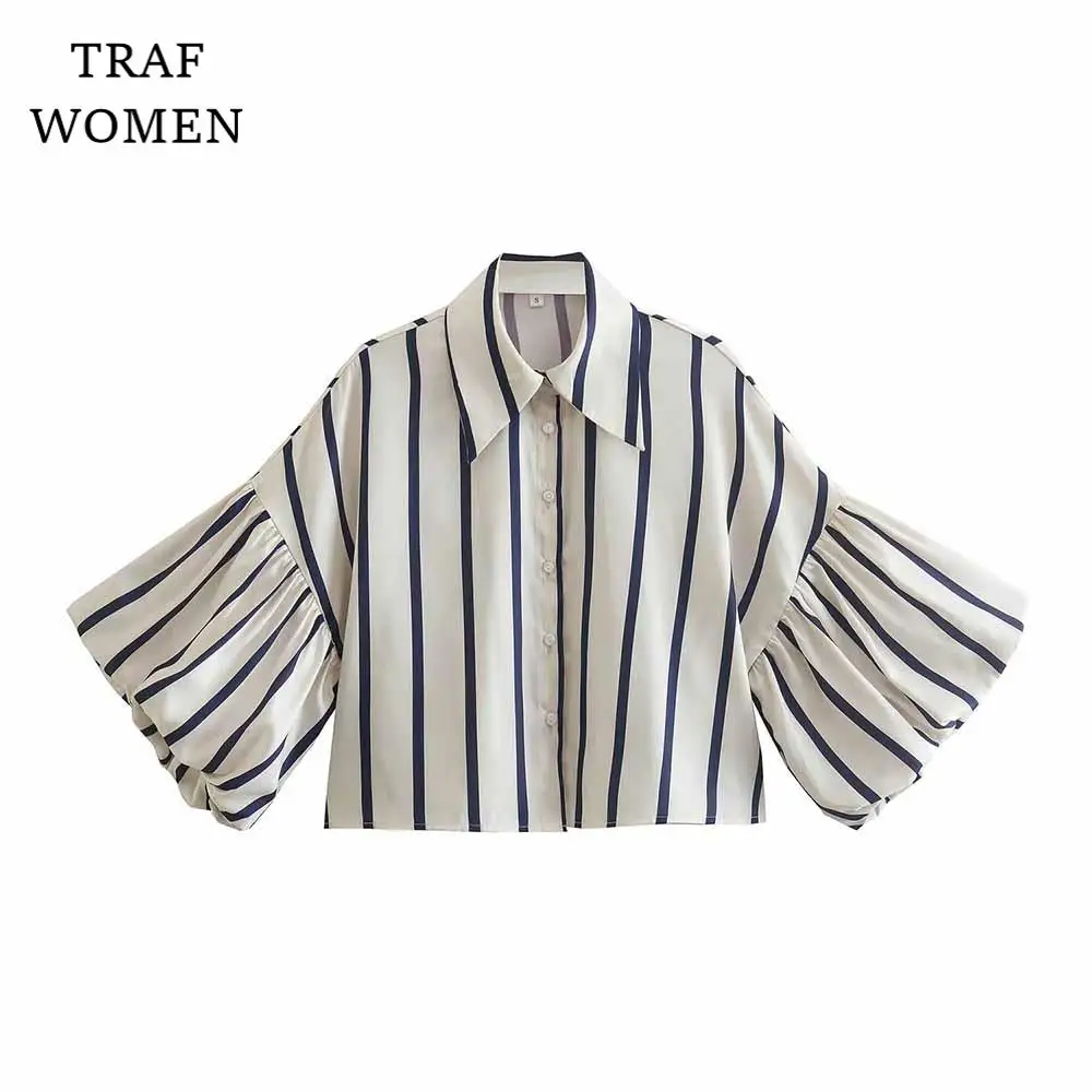 

TRAF WOMEN 2022 Winter New Striped Printed Bubble Sleeve Shirt Casual Short Loose Elegant Chic Female Fashion Button Blouse