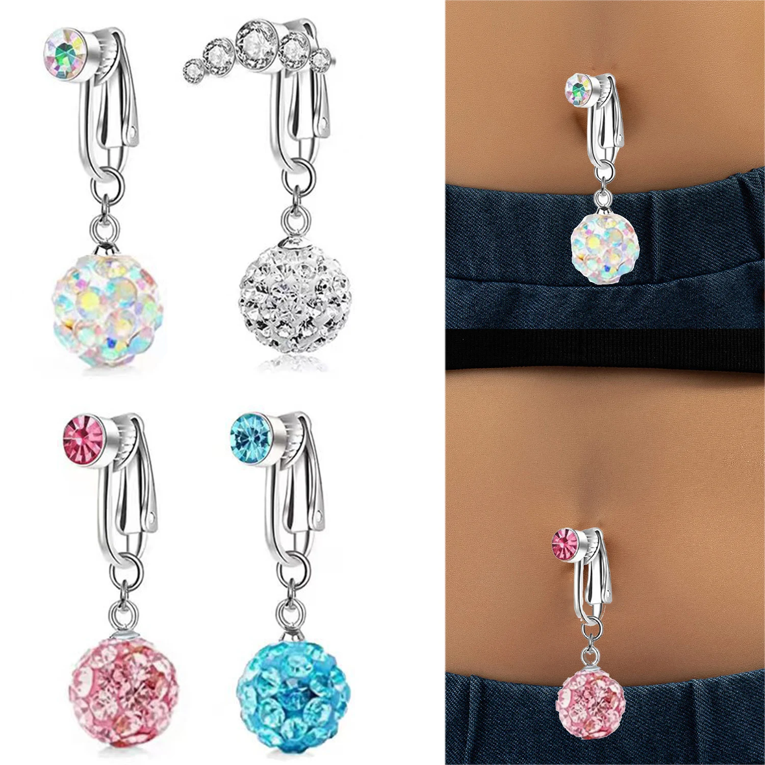 Faux Fake Belly Piercing Crystal Balls Dangling Long Fake Belly Button Piercings Clip On Umbilical Navel Cartilage Earrings Clip