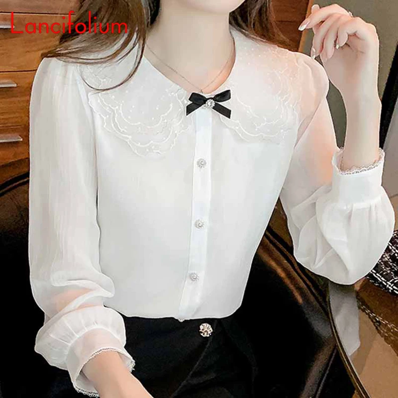 

Sweet Lace Patchwork Peter Pan Neck Chiffon Tshirt White Bow Long Sleeve Button Up Blouses Elegant Chic Office Women Shirts Tops