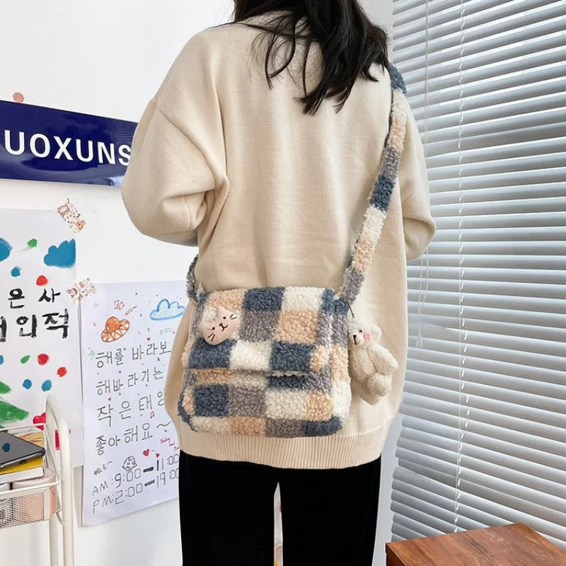 

Korean Plush Girl Shoulder Bag Literature Art Japan Harajuku Messenger Female Satchel Handbags Bags