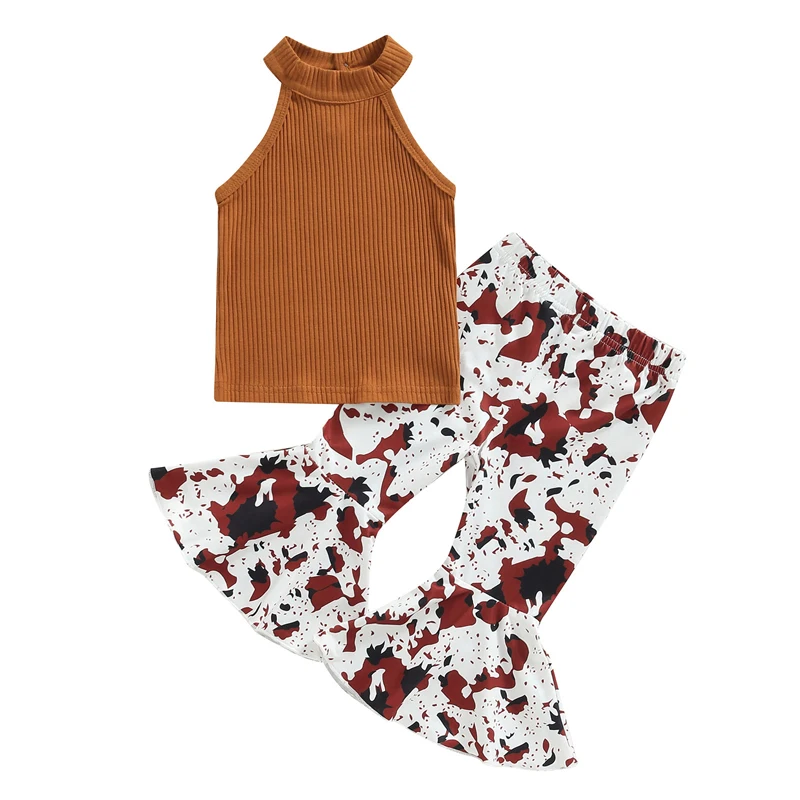 

Костюм для девочек в ковбойском стиле, повседневный топ с воротником хомутом и расклешенные брюки с леопардовым/цветочным принтом, комплект из двух предметов, лето 2023