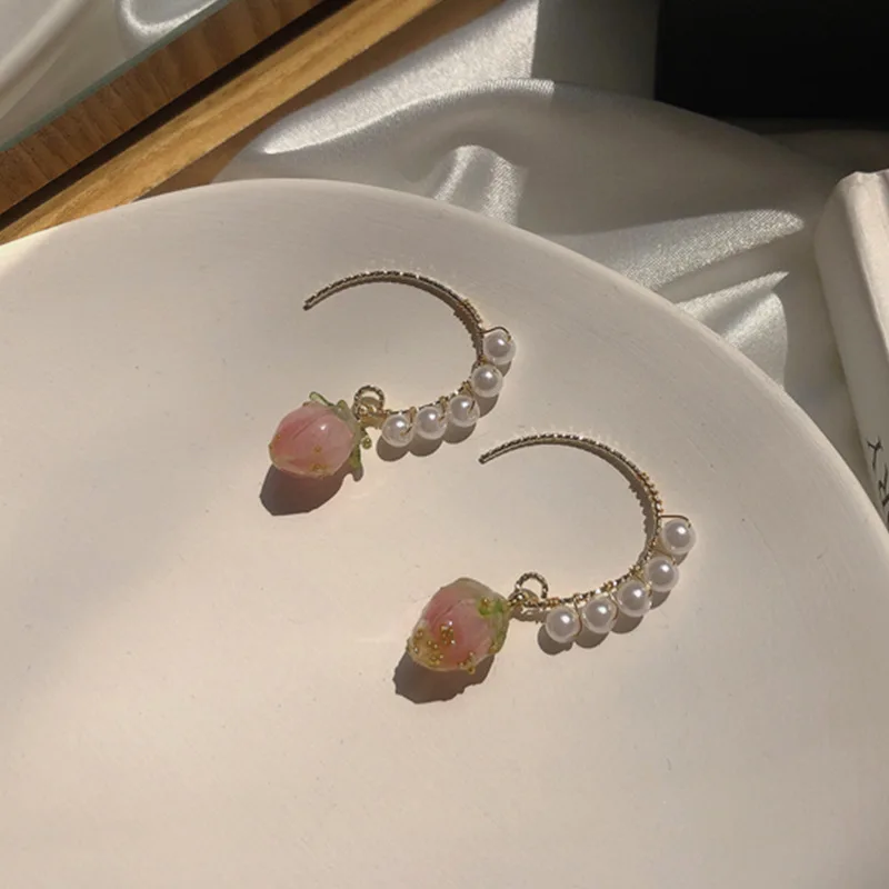 

Luxury Elegance Pearl Pink Peach Pendant Earrings 2022 New Temperament Retro Flowers Korean Fashion Wedding Party Jewelry Gifts