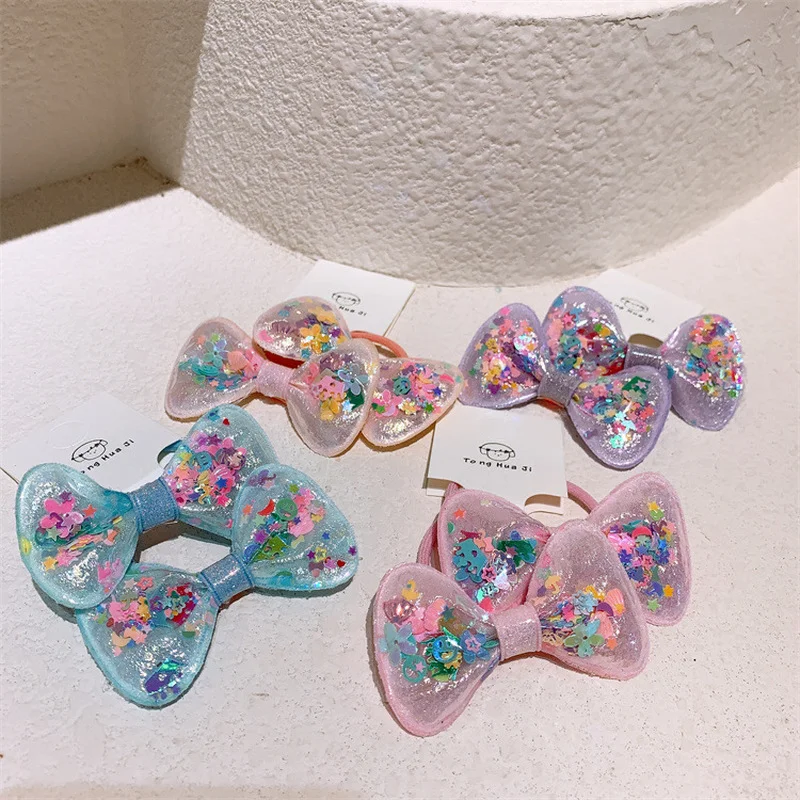 

1 Pair New Sweet Girl Princess Cute Colorful Quicksand Star Bow Rubber Band Hair Rope Fashion Children's Ponytail Headwear