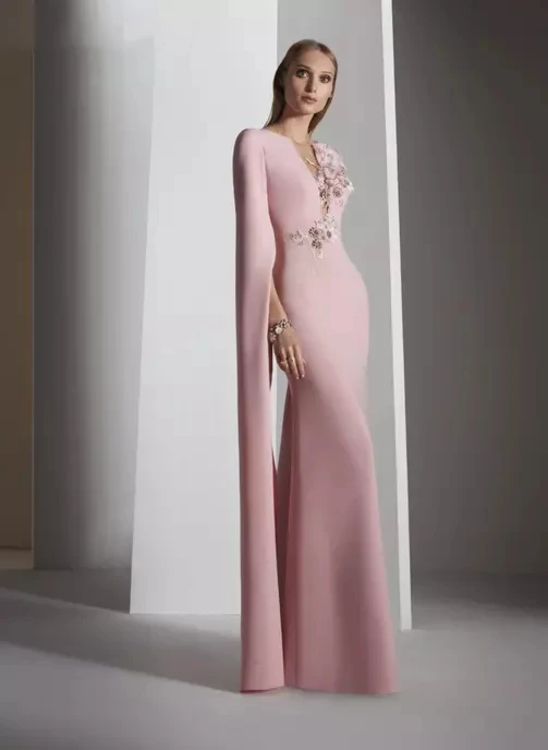 

Elegant Long Sleeve Pink Mermaid Evening Dresses 3D Floral Applique Sheer V-Neck Formal Occasion Gown Women Wedding Party Dress