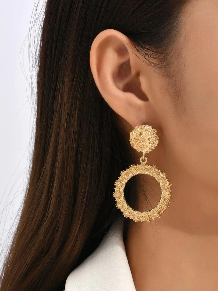 

Textured Metal Drop Earrings for Women Fashion Hoop Round Circle Earrings
