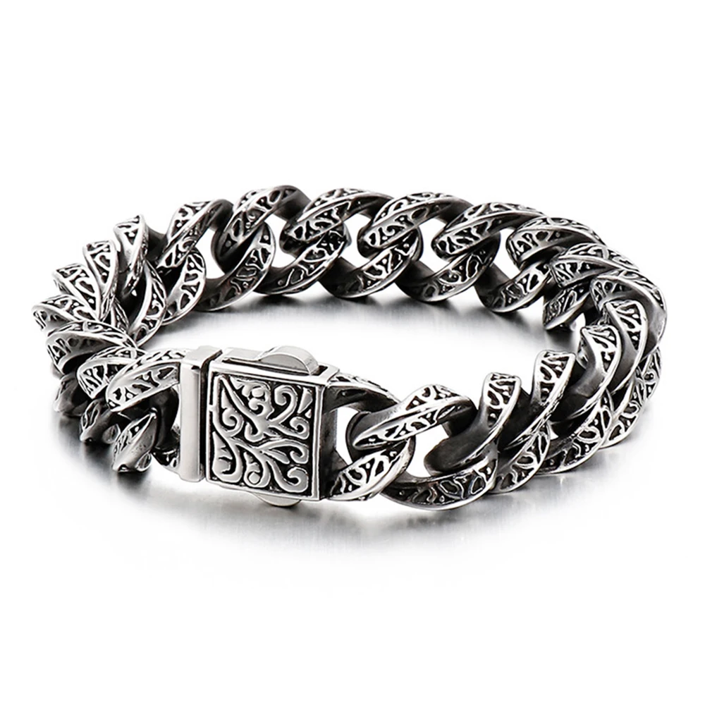 

13mm Punk Retro Leaf Pattern Cuban Curb Chain Bracelet Men Silver Color Stainless Steel Rock Biker Skull Link Bangle Jewelry