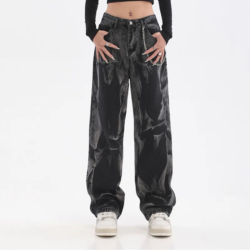 High Street Hip Hop Black Jeans Women Streetwear Vintage Tie Dye Chain Oversize Pants Fashion Casual Wide Leg Straight Trousers