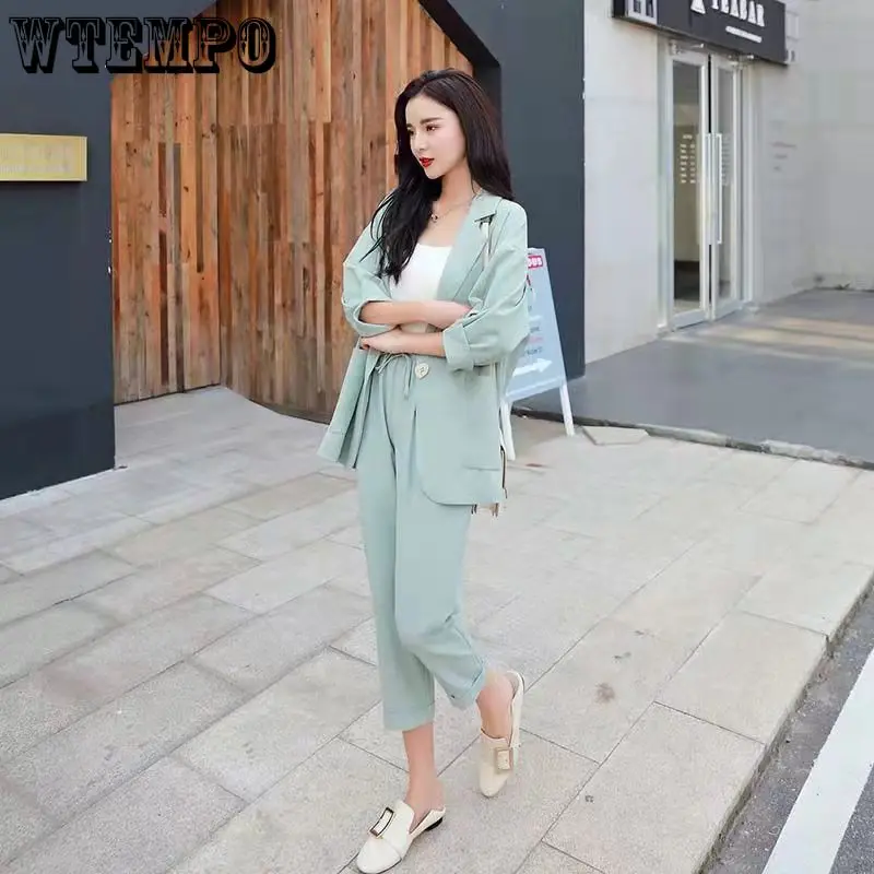 Женский тонкий костюм на весну и лето блейзер одной пуговице прямые брюки