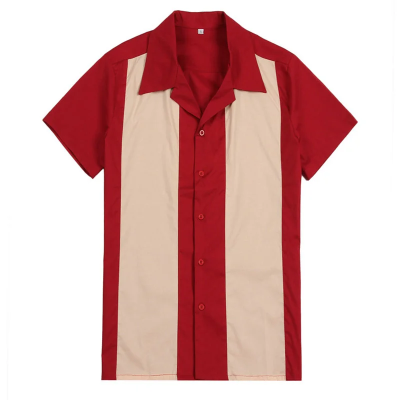 

Vertical Striped Shirt Men Designer Shirts Red Short Sleeve Camiseta Retro Hombre Bowling Button-Down Dress Men's Cotton