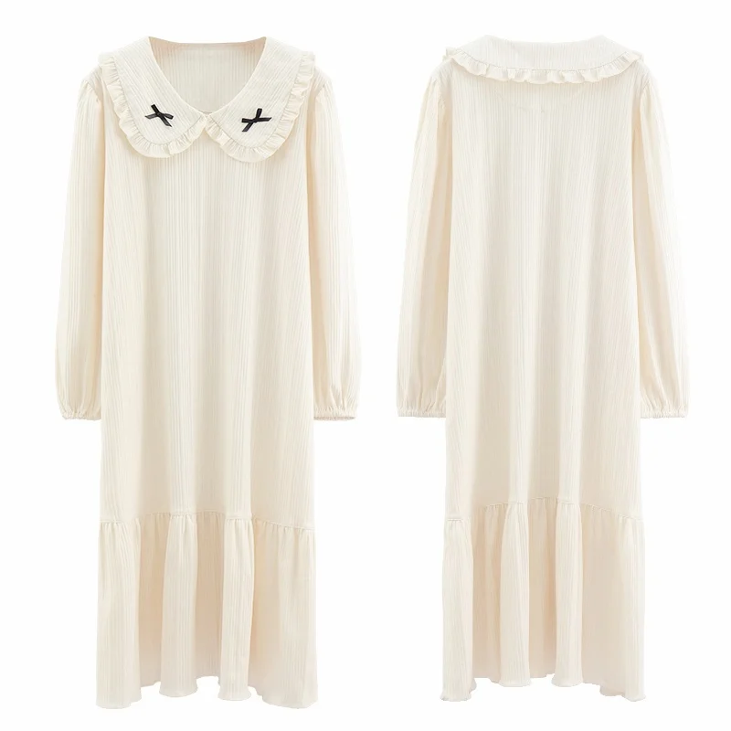 Women's Cute NightDress Women White Elastic Bow Princess Long Palace Autumn Nightdress Women's Cotton Full Sleeve Nightwear