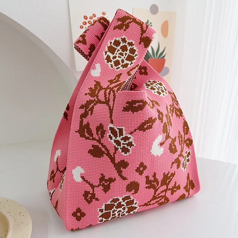 Handmade Knit Handbags for Women Mini Knot Wrist Bag Retro Flower Wide Strap Tote Bags Female Shoulder Bag Reusable Shopping Bag
