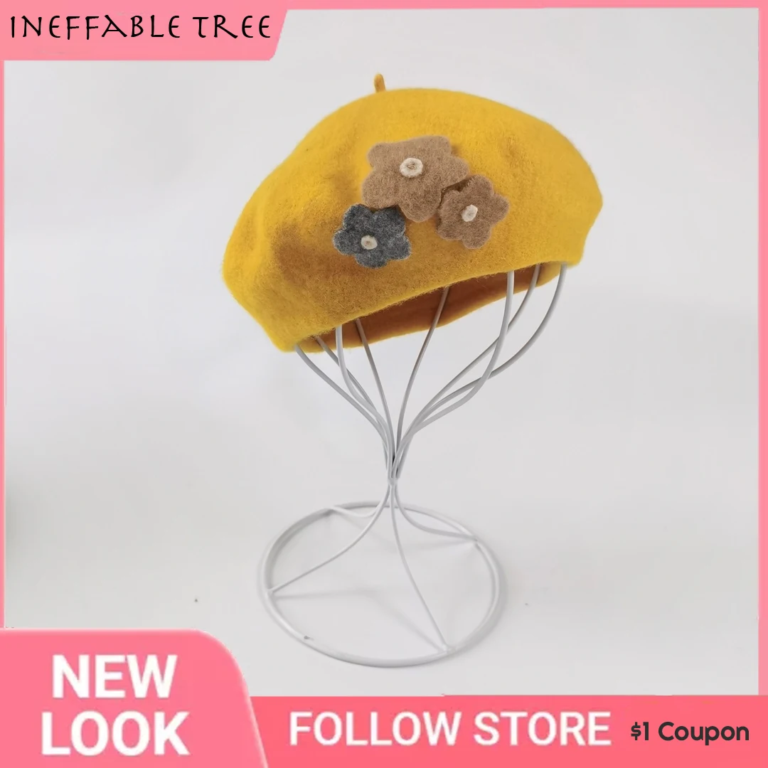 

Autumn Children's Hats Ins Korean Version of The Candy-colored Woolen Beret Flower Decoration Toddler Girl Shell Painter Hat