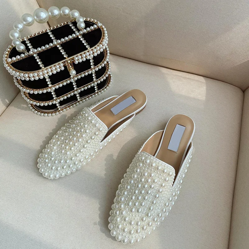 Women White Pearl Round Toe Slip-on Slingback Flats Slides Ladies Sweety Genuine Leather Summer Party Beach Shoes 2023 New Hot