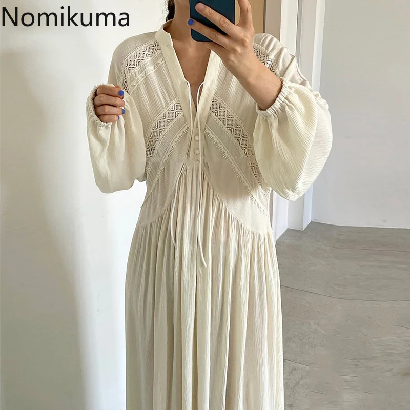 

Nomikuma платья для женщин 2022 рукав фонарик вязание крючком ажурные свободные Vestidos De Mujer винтажные темпераментные повседневные Ropa Mujer