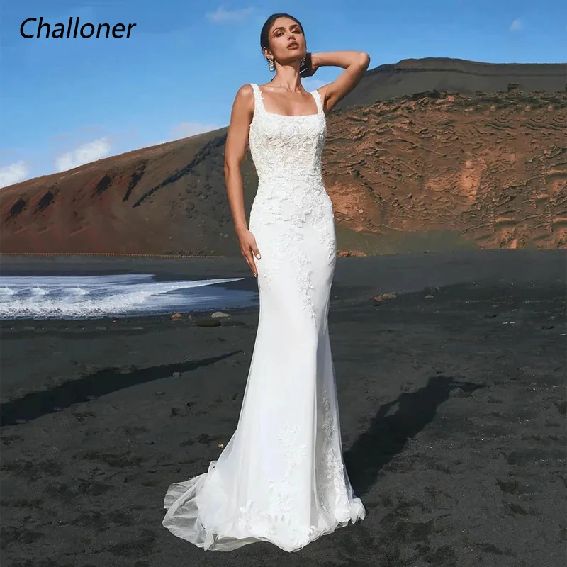 

Challoner Modern Backless Mermaid Wedding Dresses Beach Square Collar Sleeveless Bridal Gown Floor Length Vestidos De Novia New