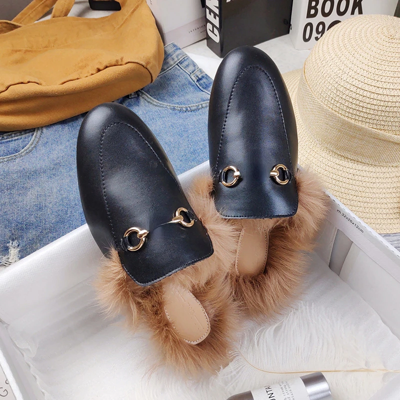 

New Autumn and Winter Slippers for Women Muller Slippers for Women Thermal Fashion Rabbit Hair and Wool Wrapped Half Slippers