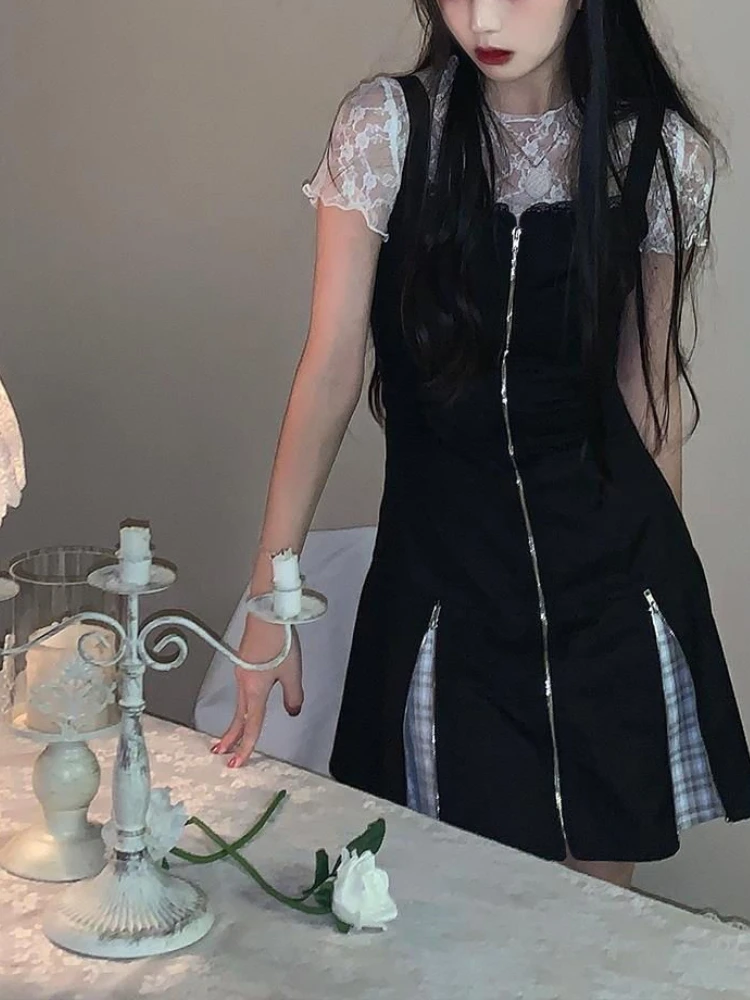 

Женский комплект из 2 предметов в стиле ретро, элегантный повседневный кружевной топ с коротким рукавом и облегающее короткое платье, лето 2023, корейские модные костюмы