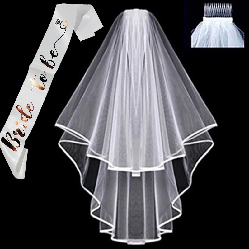 

White Short Bridal Wedding Veil Bride To Be Sash Bachelorette Hen Party Bridal Shower Marriage Gifts Decoration Hair Accessories