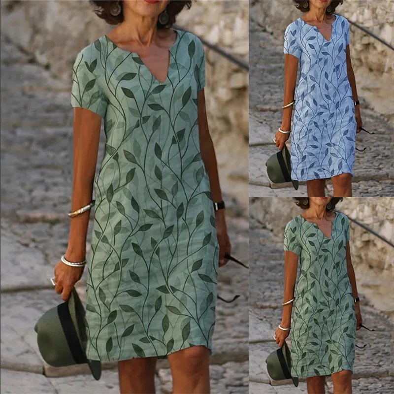 

Summer Fashion Women's Leaf Printed Cotton Hemp Short Sleeve V-Neck Mid length Dress Female Casual Dresses