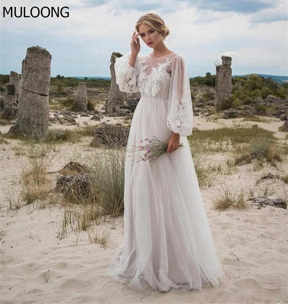 

MULOONG Elegant O Neck Full Puff Sleeve Lace Appliques A Line Wedding Dress Floor Length Sweep Train White Long Gown New 2023
