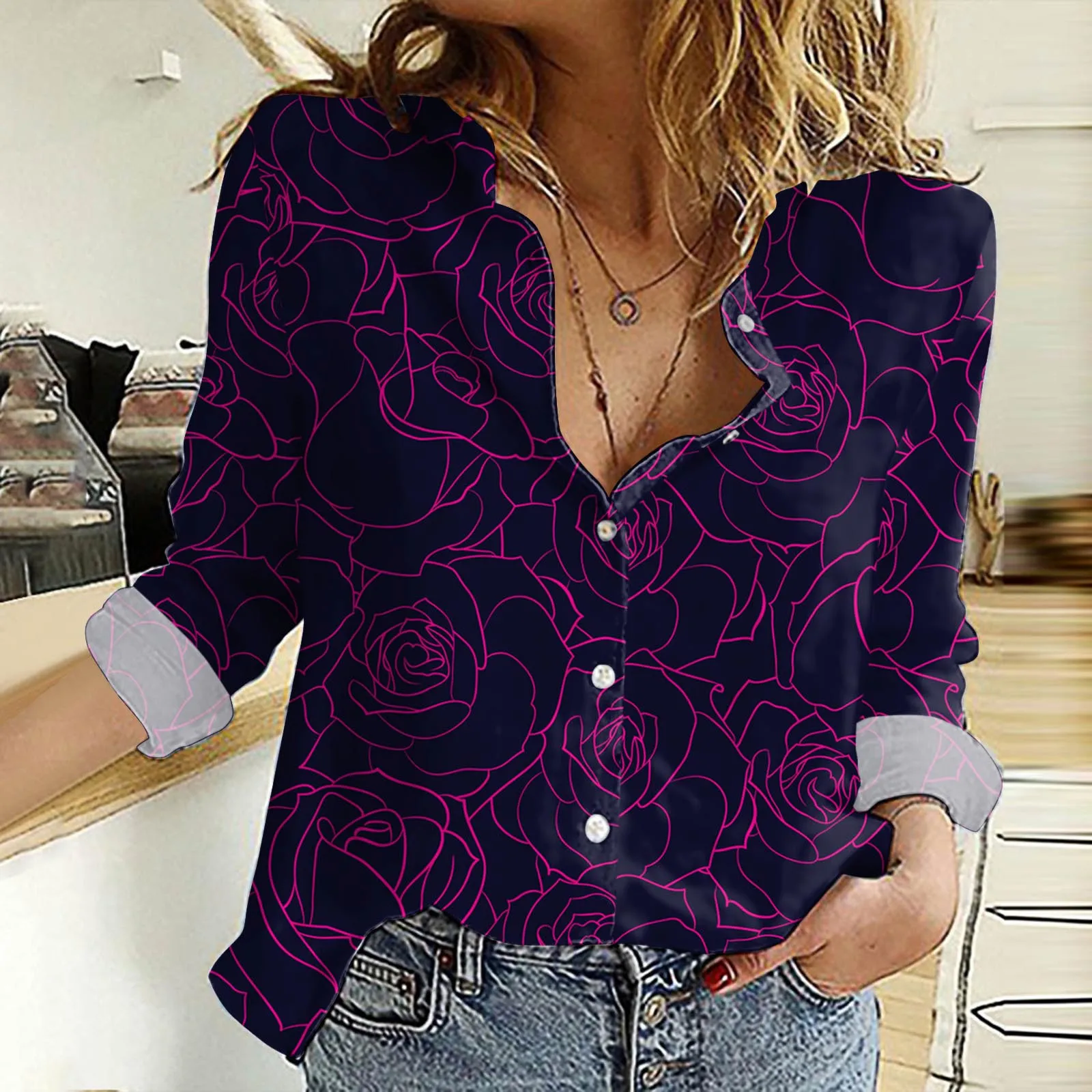 

Ladies Floral Print Shirts Button Down Lapel Long Sleeve Loose Shirt Leaves Casual Comfort Flowy Tops And Blouses Blusas Autumn