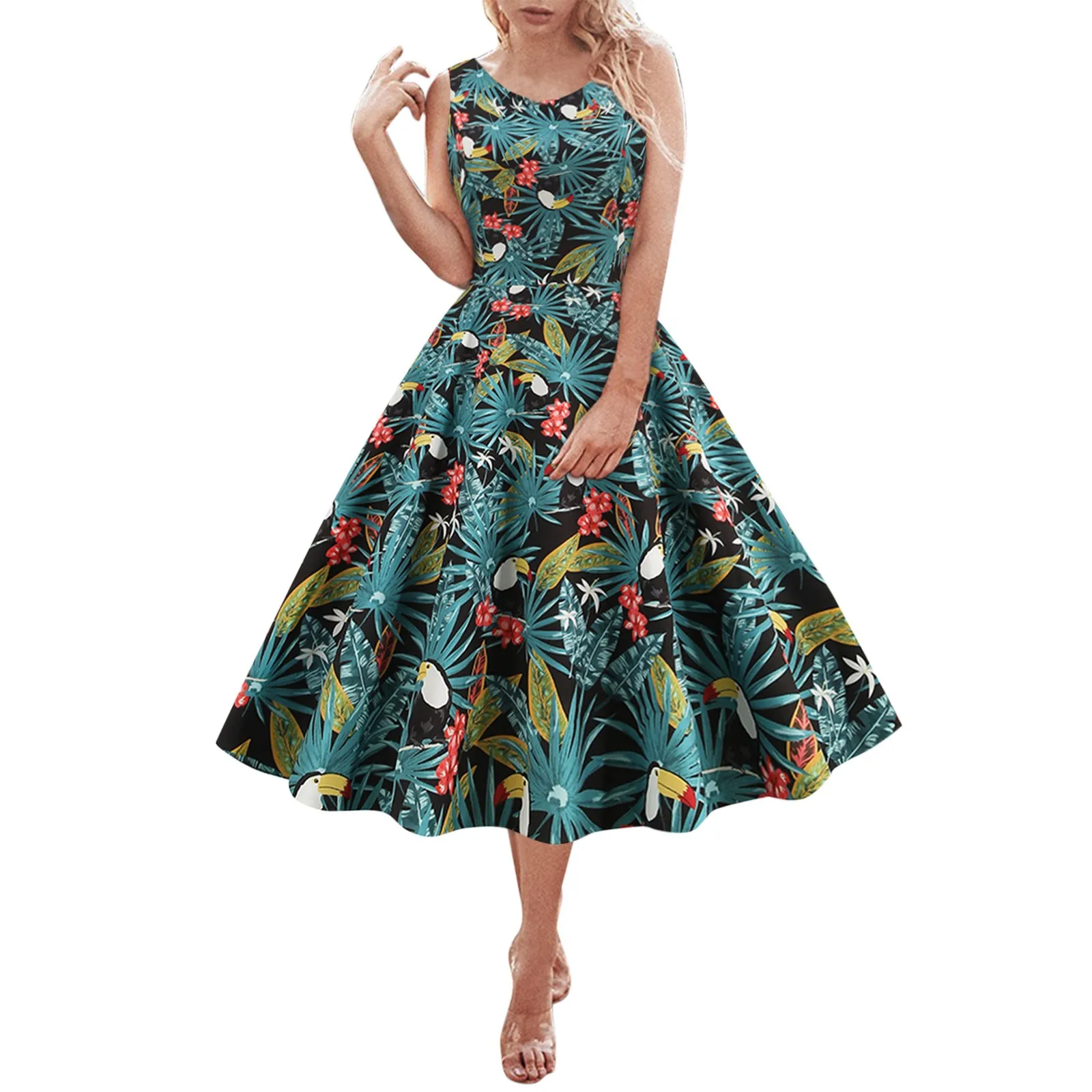 

Женские Повседневные Вечерние платья с круглым вырезом, юбка большого размера с цветочным принтом, женские повседневные платья с карманами