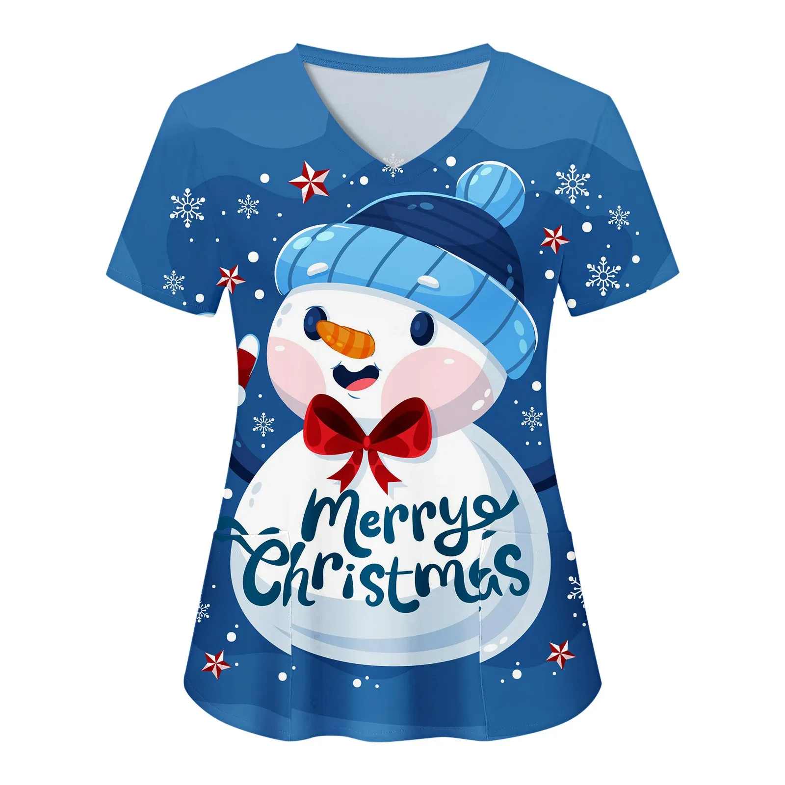

Snowman Christmas Pet Grooming Staff Overalls Scrub Top Women Short Sleeve Uniform V Neck Doctor Overalls Pocket Shirt Nursing