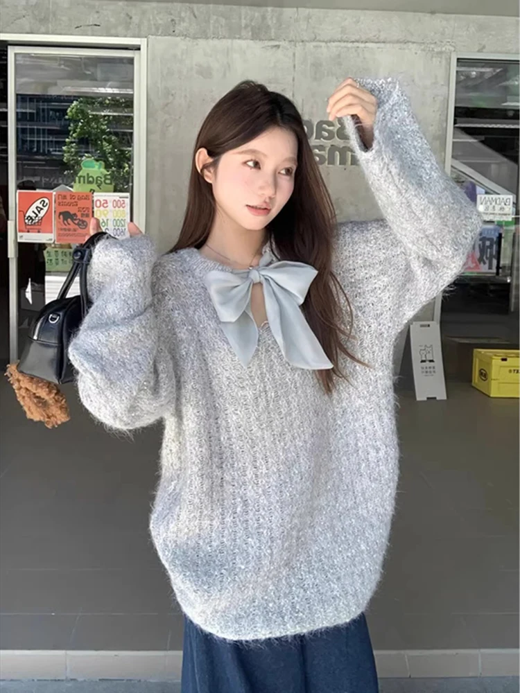 Осенне-зимний двусторонний свитер в корейском стиле с милым бантом женский