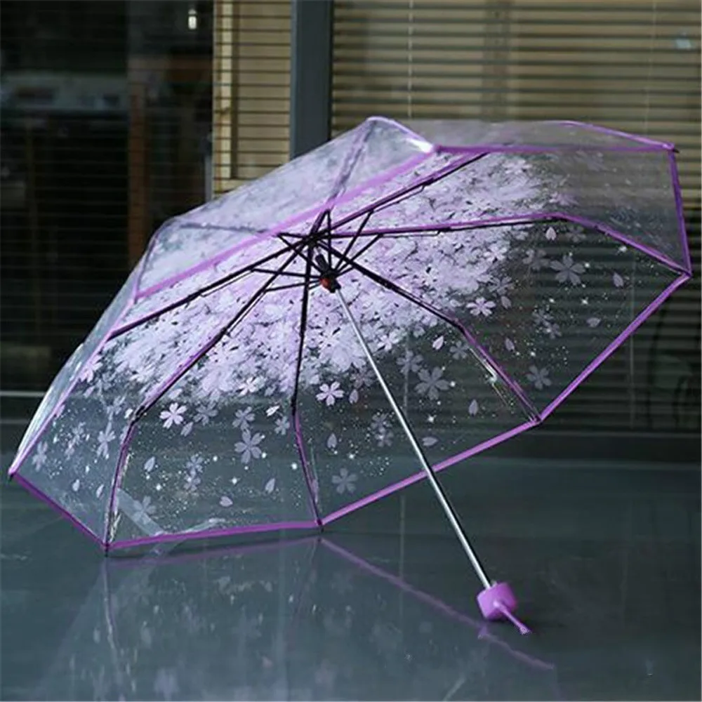 

Manual Women's Transparent Clear Flowers Umbrella Anti-UV Sun Umbrella Cherry Blossom 3 Folding Umbrellas Rain Gear Parasol